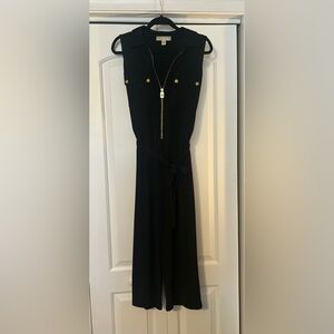 Michael Kors Black Belted Cropped Jumpsuit Goldtone Front Zipper Closure Size M